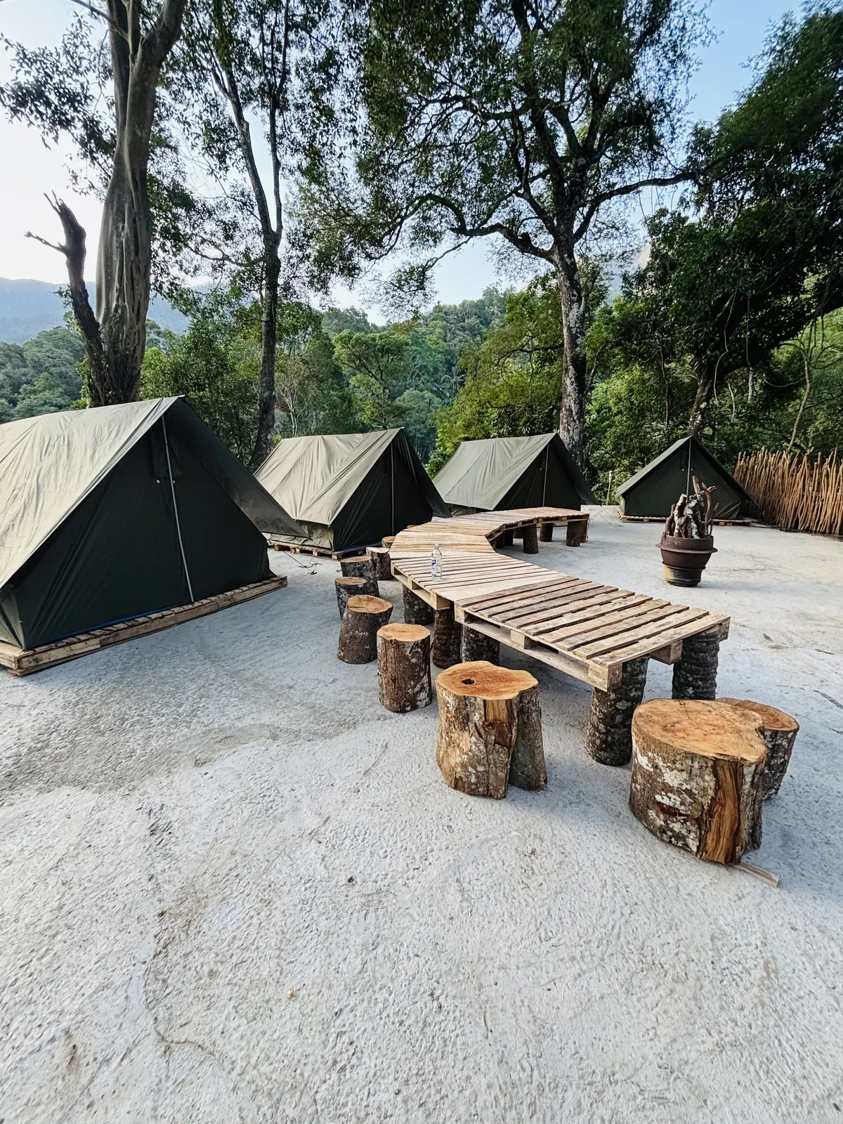 The campsite: ridge tents around a clearing with log stools and a long timber bench