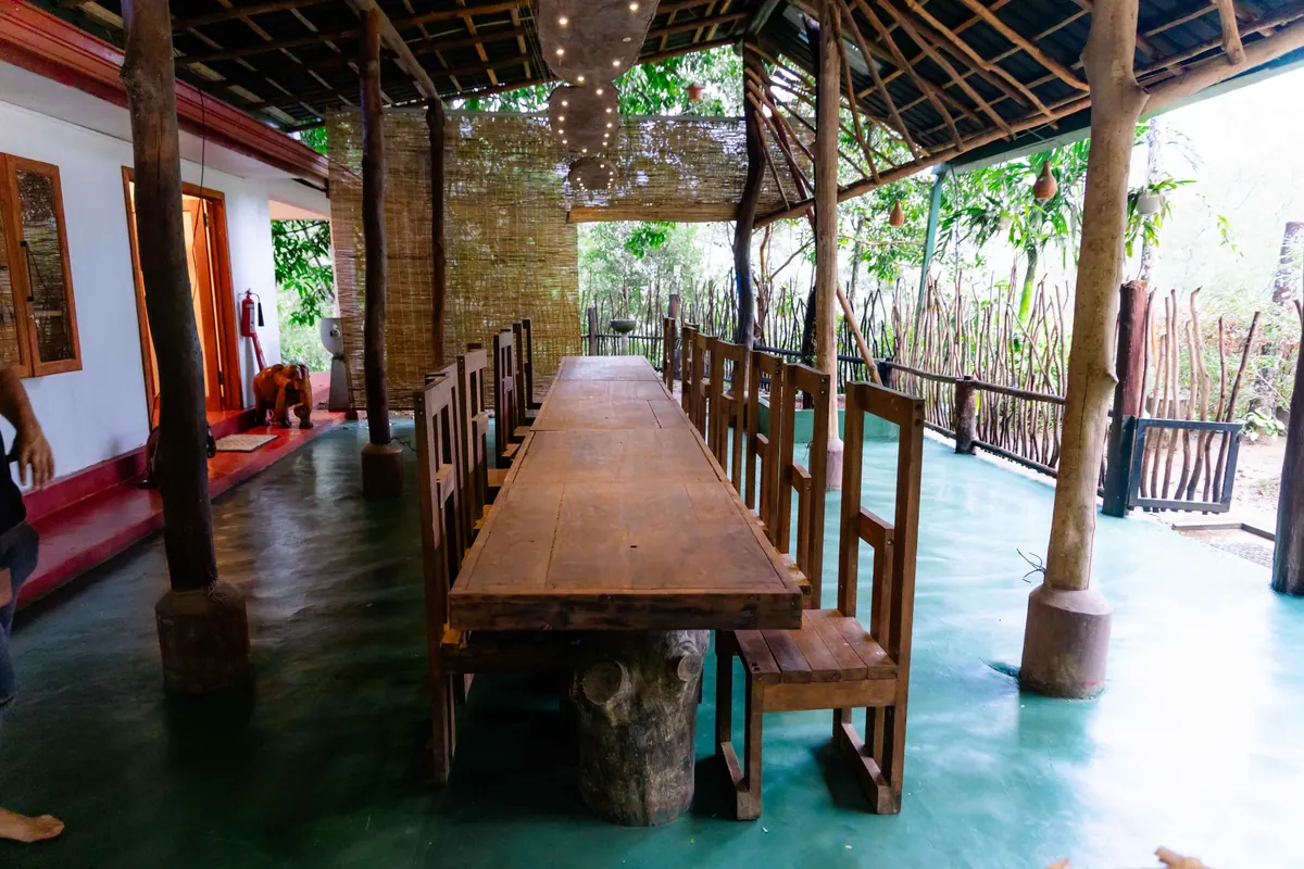 The long veranda table running out towards the trees, set for a meal